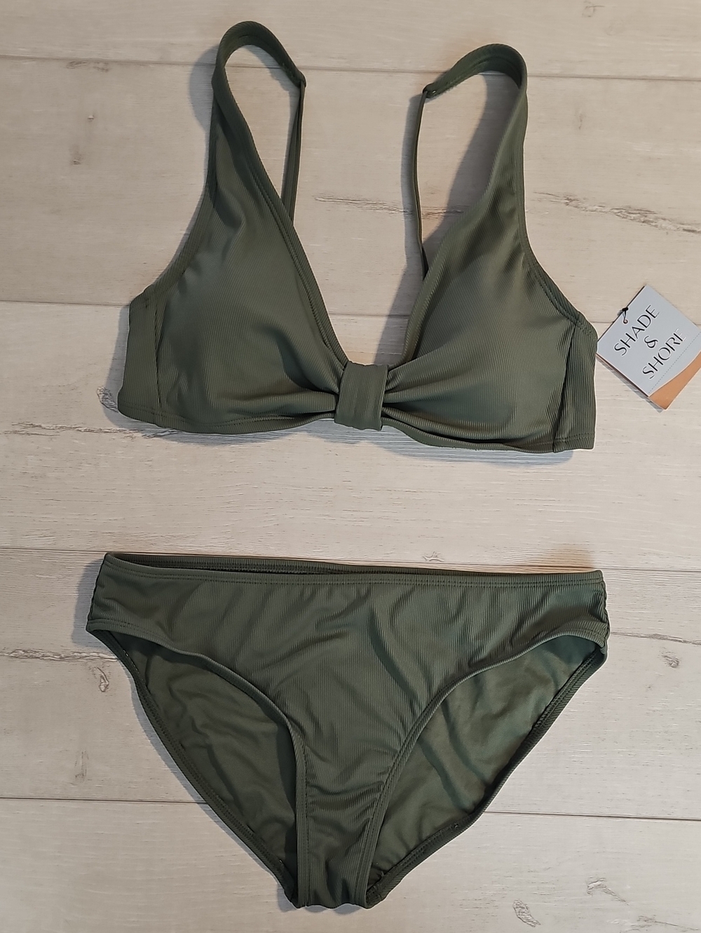 Shade & Shore Women's M Ribbed Tab Front Bikini Set in Green